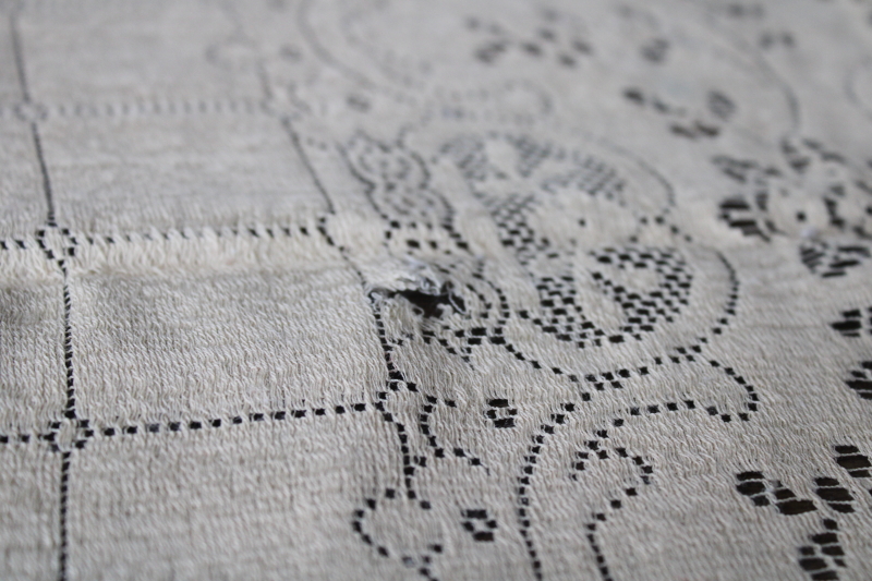 photo of vintage Quaker lace type ecru cotton tablecloth hearts & flowers, upcycle fabric curtain or wedding decor #4