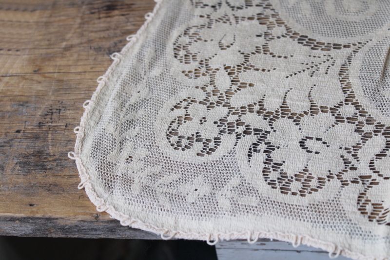 photo of vintage Quaker lace type ecru cotton tablecloth hearts & flowers, upcycle fabric curtain or wedding decor #7