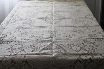 catalog photo of vintage Quaker lace type ecru cotton tablecloth hearts & flowers, upcycle fabric curtain or wedding decor