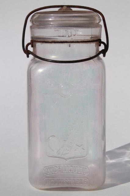 photo of vintage Queen glass canning jar, embossed quart jar w/ glass lid, wire bail #3