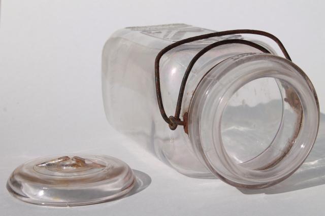 photo of vintage Queen glass canning jar, embossed quart jar w/ glass lid, wire bail #5