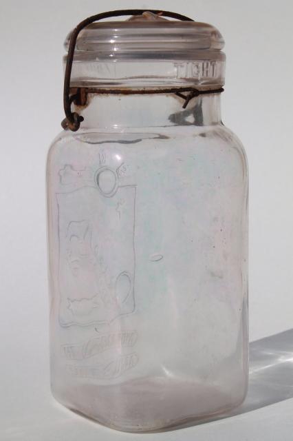 photo of vintage Queen glass canning jar, embossed quart jar w/ glass lid, wire bail #8