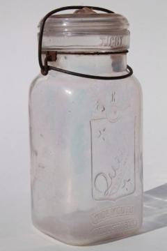 catalog photo of vintage Queen glass canning jar, embossed quart jar w/ glass lid, wire bail