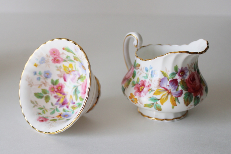 photo of vintage Queen's Garden floral chintz china Parago bone china mini creamer & sugar set, cream pitcher & open bowl  #2