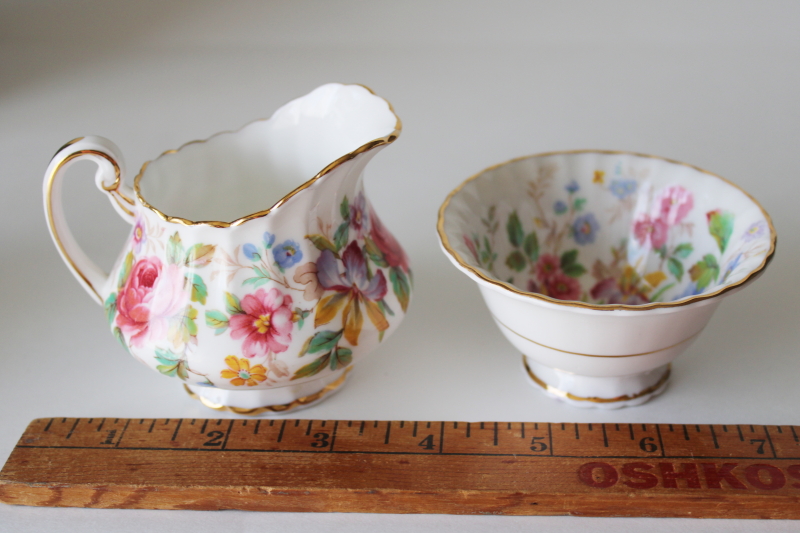 photo of vintage Queen's Garden floral chintz china Parago bone china mini creamer & sugar set, cream pitcher & open bowl  #3
