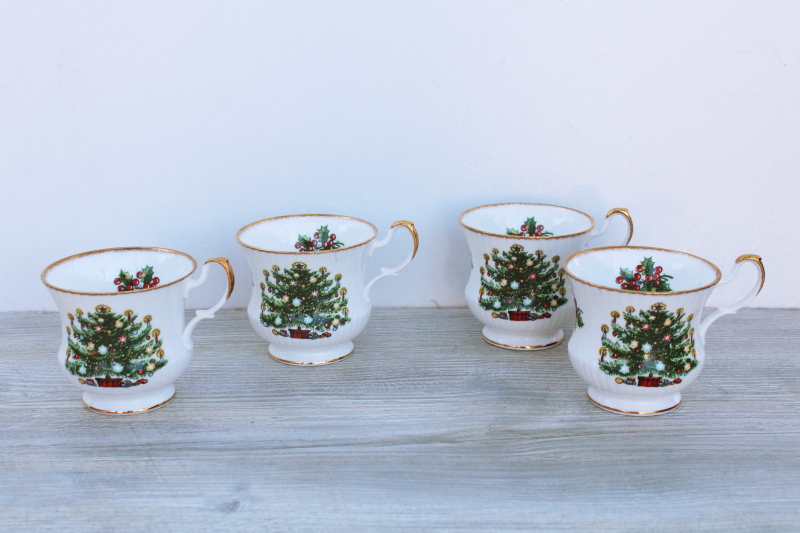 photo of vintage Queens bone china tea cups, Christmas Tree pattern holiday dinnerware #1