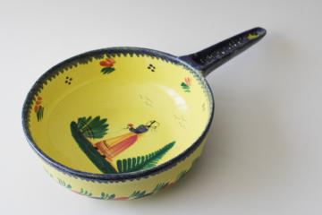 catalog photo of vintage Quimper France hand painted pottery bowl w/ pot handle, Breton woman on yellow