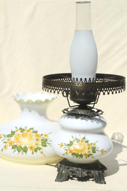 photo of vintage Quoizel hand-painted milk glass chimney shade lamp, Abigail Adams GWTW style #6