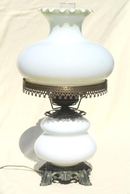 photo of vintage Quoizel hand-painted milk glass chimney shade lamp, Abigail Adams GWTW style #8