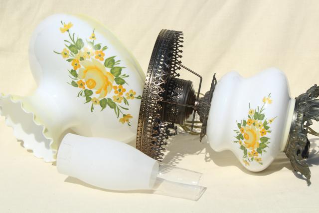 photo of vintage Quoizel hand-painted milk glass chimney shade lamp, Abigail Adams GWTW style #10