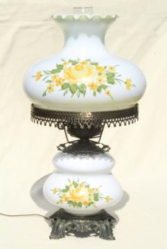 catalog photo of vintage Quoizel hand-painted milk glass chimney shade lamp, Abigail Adams GWTW style