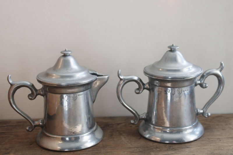 photo of vintage RWP Wilton Armetale Flagon pattern cream & sugar set, lidded pitcher & bowl #1