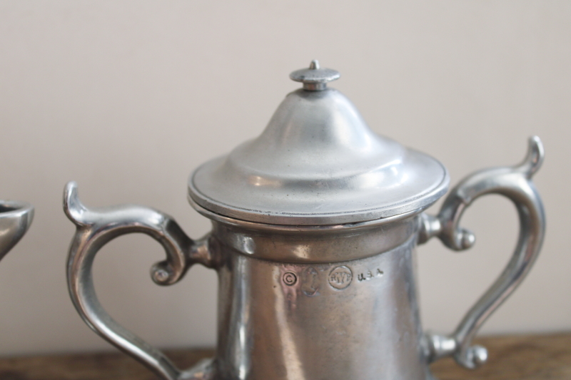 photo of vintage RWP Wilton Armetale Flagon pattern cream & sugar set, lidded pitcher & bowl #3