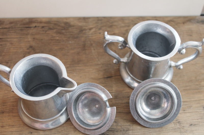 photo of vintage RWP Wilton Armetale Flagon pattern cream & sugar set, lidded pitcher & bowl #4