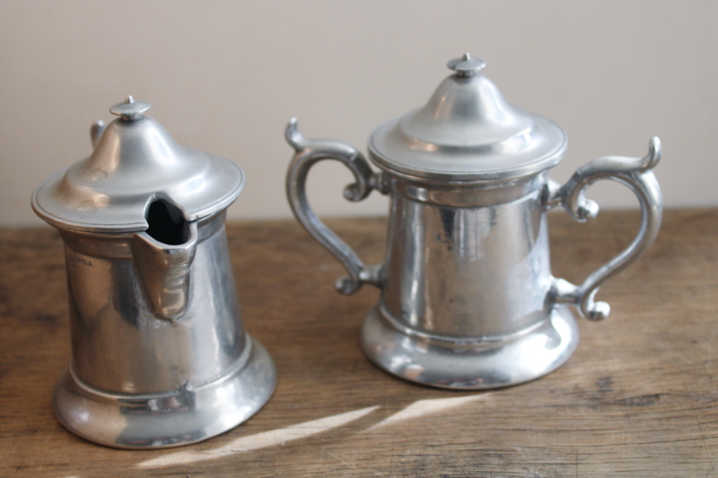 photo of vintage RWP Wilton Armetale Flagon pattern cream & sugar set, lidded pitcher & bowl #6