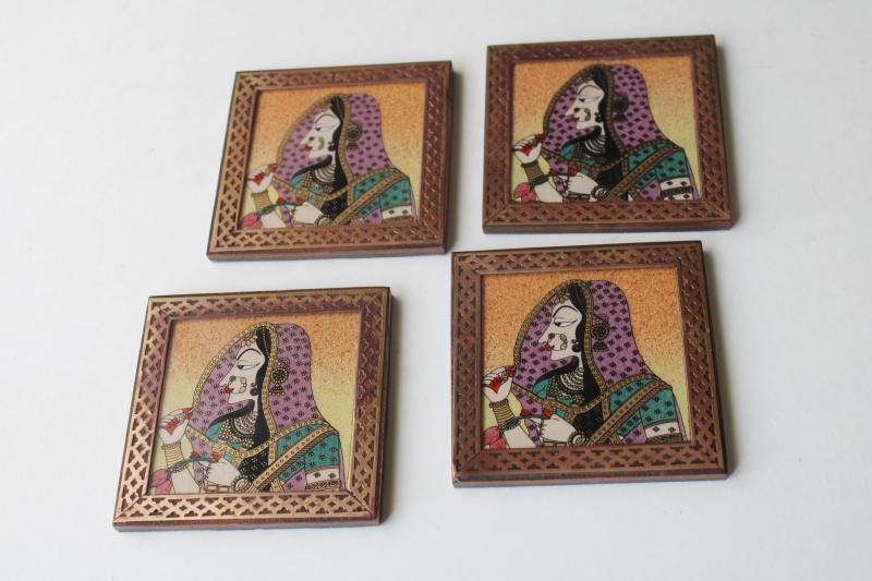 photo of vintage Rajasthani art coasters made in India, brass inlaid wood w/ painted glass  #1