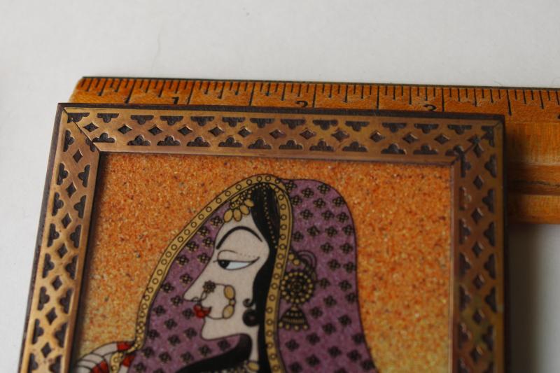 photo of vintage Rajasthani art coasters made in India, brass inlaid wood w/ painted glass  #4