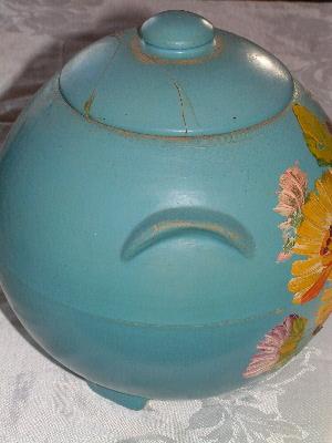 photo of vintage Ransburg cookie jar, blue with fiesta flowers #3