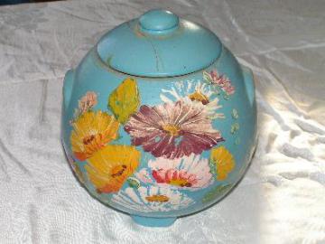 catalog photo of vintage Ransburg cookie jar, blue with fiesta flowers