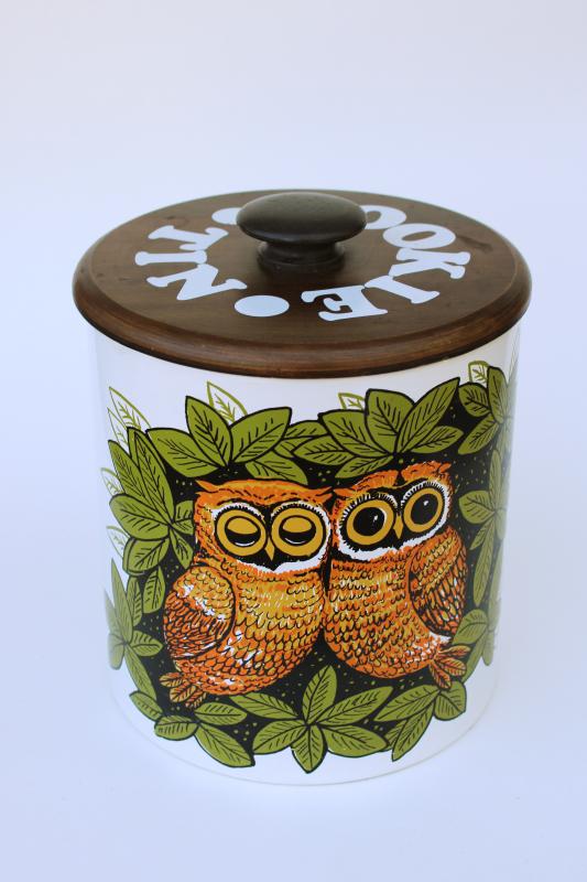 photo of vintage Ransburg cookies tin, metal cookie jar w/ owls print, 60s 70s retro #1