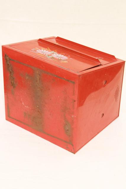 photo of vintage Ransburg metal breadbox, red orange bread box w/ bright painted flowers #2