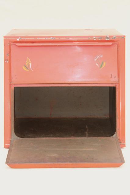 photo of vintage Ransburg metal breadbox, red orange bread box w/ bright painted flowers #4