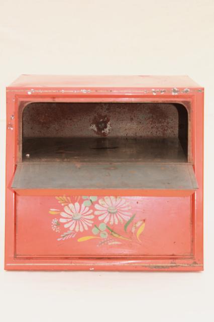 photo of vintage Ransburg metal breadbox, red orange bread box w/ bright painted flowers #5