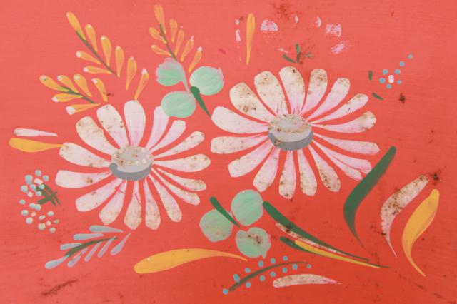 photo of vintage Ransburg metal breadbox, red orange bread box w/ bright painted flowers #10