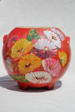 catalog photo of vintage Ransburg pottery round pot cookie jar crock, red orange hand painted flowers