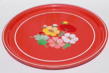 catalog photo of vintage Ransburg round metal serving tray w/ painted flowers on red-orange