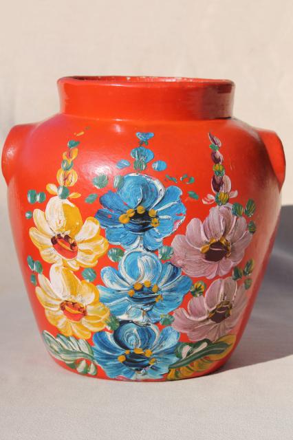 photo of vintage Ransburg stoneware pottery cookie jar crock, hand painted hollyhocks flowers on orange #2