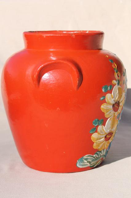 photo of vintage Ransburg stoneware pottery cookie jar crock, hand painted hollyhocks flowers on orange #3