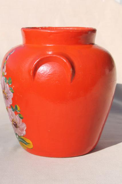 photo of vintage Ransburg stoneware pottery cookie jar crock, hand painted hollyhocks flowers on orange #5