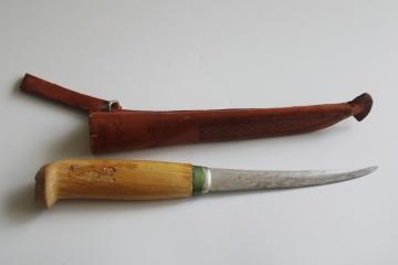 catalog photo of vintage Rapala fillet fish knife w/ leather case, made in Finland 