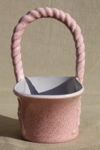 photo of vintage Red Wing art pottery bride's basket vase, mid-century mod pink & grey #3