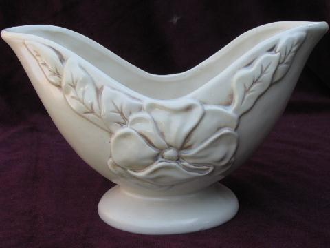 photo of vintage Red Wing pottery console bowl, antiqued ivory Magnolia pattern #1