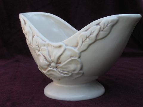 photo of vintage Red Wing pottery console bowl, antiqued ivory Magnolia pattern #2