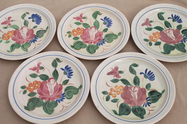 photo of vintage Red Wing pottery dinnerware, Orleans floral hand painted dinner plates #3