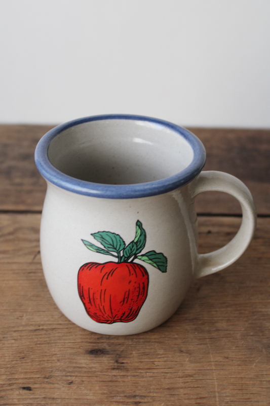 photo of vintage Red Wing stoneware mug w/ red apple, blue band crock pottery chunky coffee cup  #1