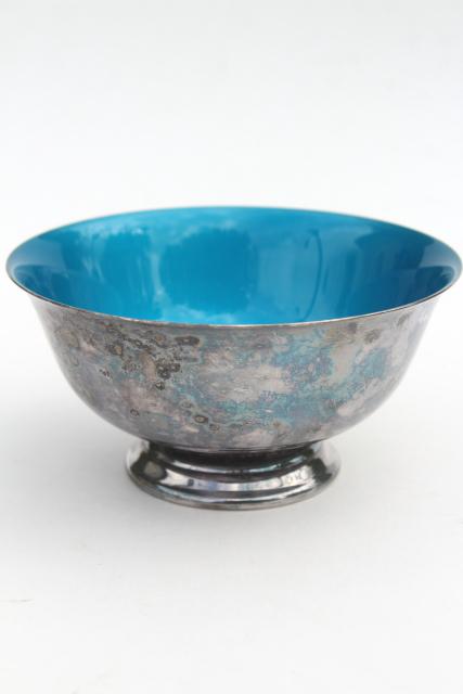 photo of vintage Reed & Barton enameled silver plate Revere bowl w/ aqua blue enamel interior #1