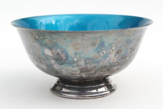 photo of vintage Reed & Barton enameled silver plate Revere bowl w/ aqua blue enamel interior #2