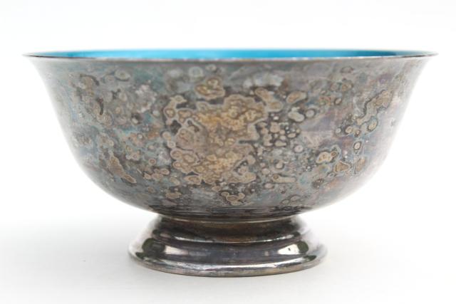 photo of vintage Reed & Barton enameled silver plate Revere bowl w/ aqua blue enamel interior #4