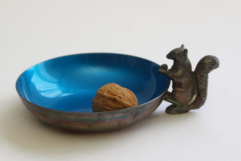 photo of vintage Reed & Barton figural squirrel silver plate nut dish w/ blue enamel #4