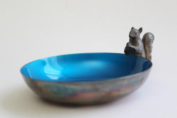 catalog photo of vintage Reed & Barton figural squirrel silver plate nut dish w/ blue enamel