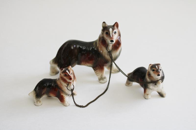 photo of vintage Relco Japan hand painted ceramic collie dogs, mama & puppies chain figurine #1