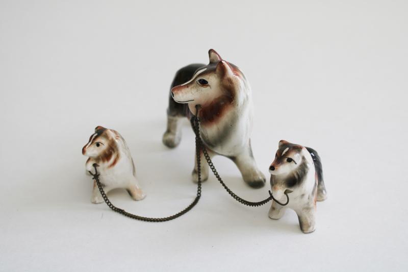 photo of vintage Relco Japan hand painted ceramic collie dogs, mama & puppies chain figurine #2