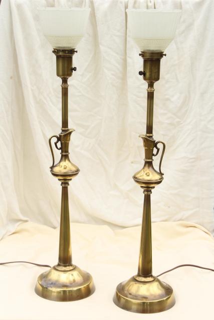 photo of vintage Rembrandt lamp pair, tall table lamps w/ brass urns, diffuser torchiere shades #1