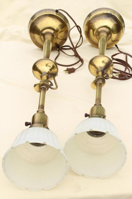 photo of vintage Rembrandt lamp pair, tall table lamps w/ brass urns, diffuser torchiere shades #3