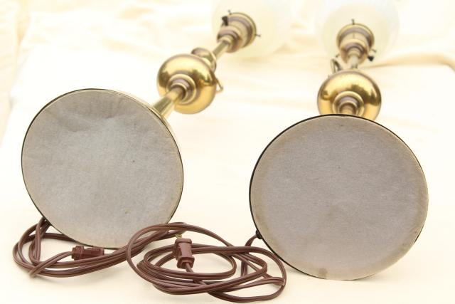 photo of vintage Rembrandt lamp pair, tall table lamps w/ brass urns, diffuser torchiere shades #4