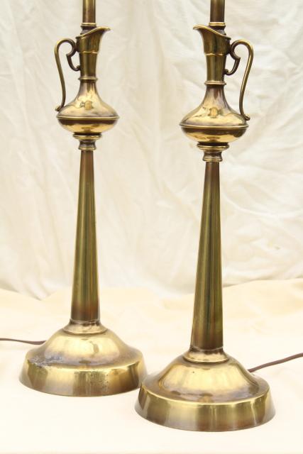 photo of vintage Rembrandt lamp pair, tall table lamps w/ brass urns, diffuser torchiere shades #6